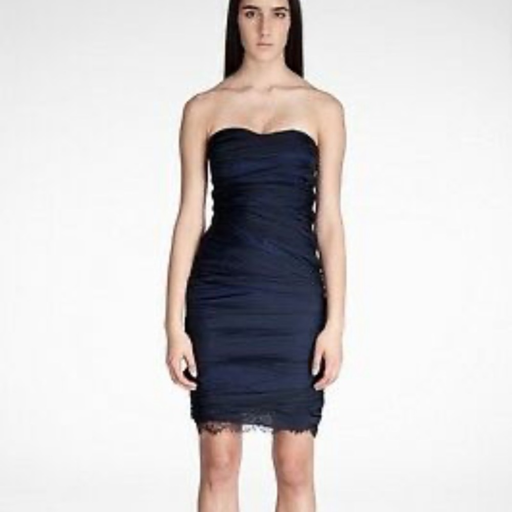 Diane Von Furstenberg teal silk ruched strapless dress lace hem